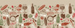 Vector light brown bar italia sketch illustration horizontal border pattern with bottles, wine glasses, bread, tomatoes and cheese. Perfect for fabric, restaurant menu and wallpaper projects.