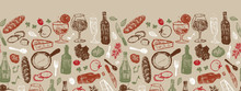 Vector Light Brown Bar Italia Sketch Illustration Horizontal Border Pattern With Bottles, Wine Glasses, Bread, Tomatoes And Cheese. Perfect For Fabric, Restaurant Menu And Wallpaper Projects.