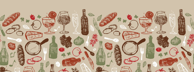 Vector light brown bar italia sketch illustration horizontal border pattern with bottles, wine glasses, bread, tomatoes and cheese. Perfect for fabric, restaurant menu and wallpaper projects.