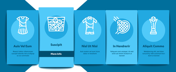 Poster - Tennis Game Equipment Onboarding Mobile App Page Screen. Racket And Tennis Field, Cup And Tracksuit, Ball Basket And Player Concept Illustrations