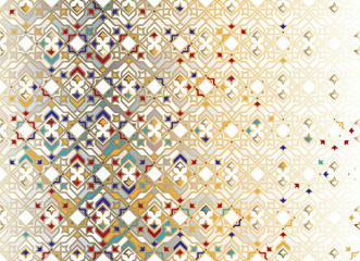 Wall Mural - Seamless Islamic ornamental Background in color. Islamic ornamental colorful detail of mosaic. arabic, east ornament, indian ornament, persian motif, 3D. Ramadan Kareem gold greeting card, banner