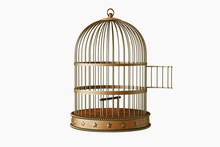 Vintage Metal Bird Cage With Door Open Isolated On White Background
