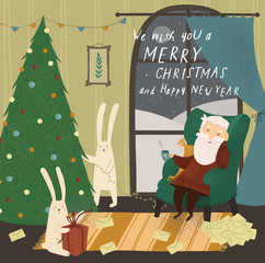 Wall Mural - We wish you a merry Christmas and a happy new year! Vector cute illustration of Santa Claus at home in the living room and animal bunnies decorating the Christmas tree on the eve of the holiday. 