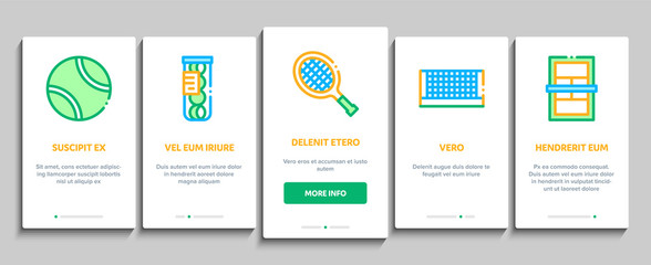 Poster - Tennis Game Equipment Onboarding Mobile App Page Screen. Racket And Tennis Field, Cup And Tracksuit, Ball Basket And Player Concept Illustrations