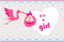 Baby Girl Card - A Stork Delivering A Cute Baby Girl.