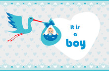 Baby Boy Card - A Stork Delivering A Cute Baby Boy.