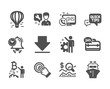 © blankstock - Set of Technology icons, such as Touchscreen gesture, 24h service, Air balloon, Web call, Bitcoin project, Quick tips, Downloading, Time management, Repairman, Check investment, Employee. Vector