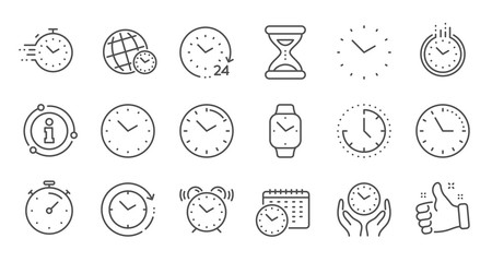 Poster - Time and clock line icons. Timer, Alarm and Smartwatch. Time management, 24 hour clock, deadline alarm icons. Sand hourglass, smartwatch, timer stopwatch. Linear set. Quality line set. Vector