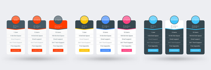 Wall Mural - pricing table design template for websites and applications. set of three different color variations
