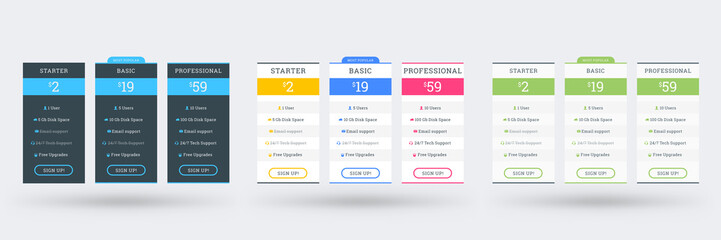 Wall Mural - pricing table design template for websites and applications. set of three different color variations
