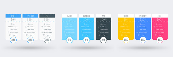 Wall Mural - pricing table design template for websites and applications. set of three different color variations