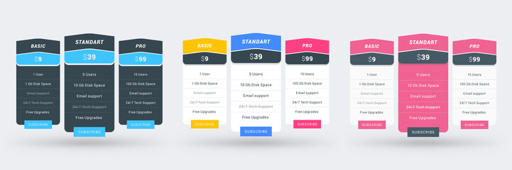 Wall Mural - pricing table design template for websites and applications. set of three different color variations