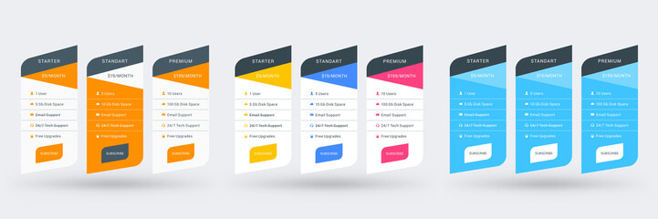 Wall Mural - pricing table design template for websites and applications. set of three different color variations