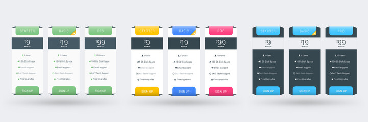 Wall Mural - pricing table design template for websites and applications. set of three different color variations