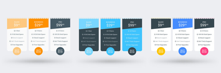 Wall Mural - pricing table design template for websites and applications. set of three different color variations