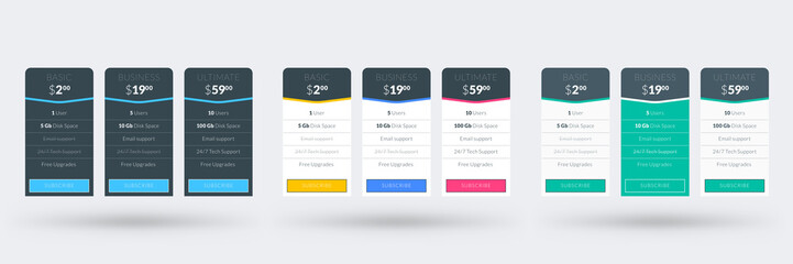 Wall Mural - pricing table design template for websites and applications. set of three different color variations