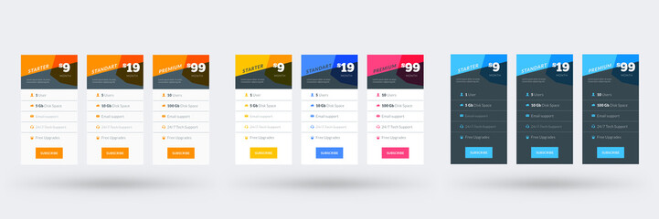 Wall Mural - pricing table design template for websites and applications. set of three different color variations
