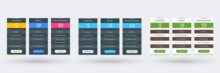 Wall Mural - pricing table design template for websites and applications. set of three different color variations