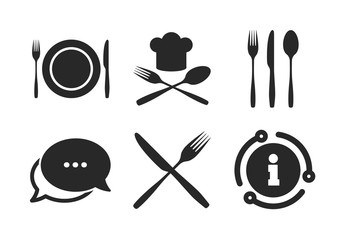 Poster - chief hat sign. chat, info sign. plate dish with forks and knifes icons. crosswise cutlery symbol. d