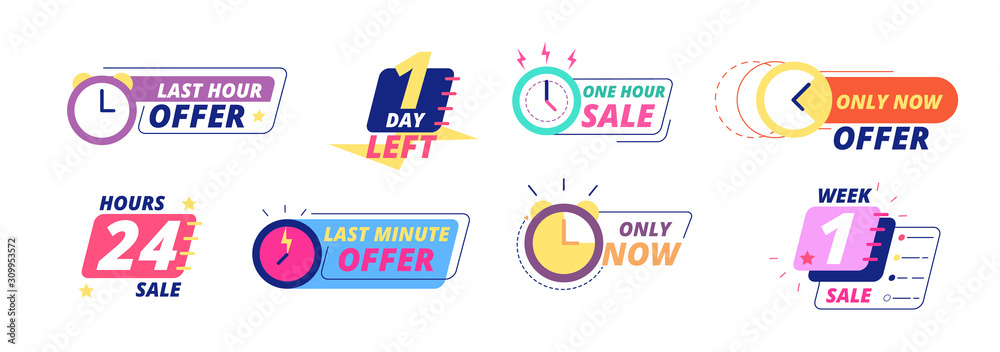 Sale countdown badges. Last day, hour and minute offer labels with clock icons. Big deal limited sale announcement stickers vector set. Countdown badge, special illustration, day minute illustration - obrazy, fototapety, plakaty 