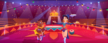 Circus Show With Animal Handler Girl With Bear Riding Bicycle On Chapiteau Arena. Forest Predator In Costume On Bike Showing Trick. Stage Performance, Family Entertainment. Cartoon Vector Illustration