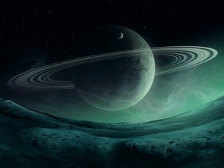 Wall Mural - fantasy space landscape, planet with rings on alien landscape night sky, 3d illustration