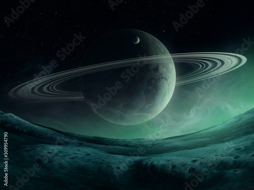 Fotomural fantasy space landscape, planet with rings on alien landscape night sky, 3d illu