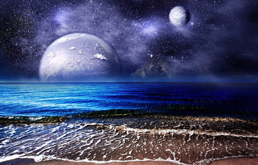 Wall Mural - Night oceanagainst the starry sky and planets