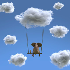  elephant and dog are flying on a cloud