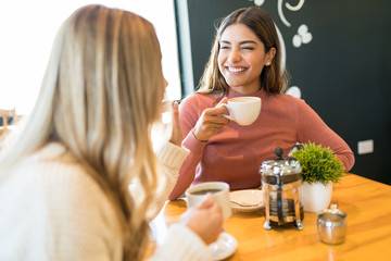 Woman Drinking Coffee With Friend At Coffee Table