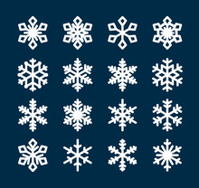 Set Of Decorative White Snowflake Silhouette Isolated On Dark Blue. New Year Holiday Decoration. Vector Illustration
