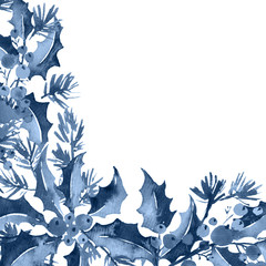 Wall Mural - Christmas watercolor corner arangement of holly, berries and spruce in monochrome blue