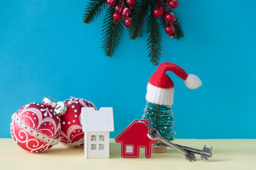 Two vintage key and Christmas balls on paper background