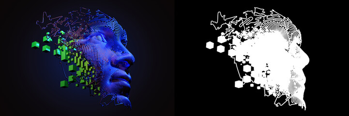 abstract digital human face. artificial intelligence concept of big data or cyber security. 3d illus