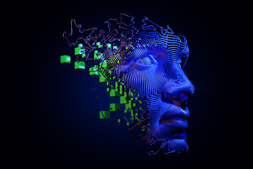 Wall Mural - Abstract digital human face.  Artificial intelligence concept of big data or cyber security. 3D illustration 