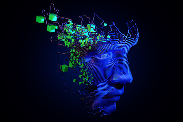 Wall Mural - abstract digital human face. artificial intelligence concept of big data or cyber security. 3d illus