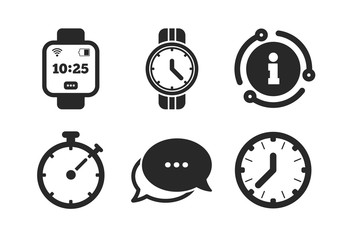 Wall Mural - Mechanical clock time, Stopwatch timer symbols. Chat, info sign. Smart watch icons. Wrist digital watch sign. Classic style speech bubble icon. Vector