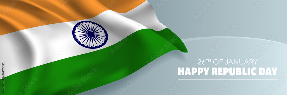 India republic day vector banner, greeting card. Indian wavy flag in 26th of January national patriotic holiday - obrazy, fototapety, plakaty 