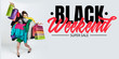 © master1305 - Black weekend, finance concept. Woman addicted of sales and clothes. Female model wearing too much colorful clothes. Fashion, style, black friday, sale, purchases, money, online buying. Flyer for ad.