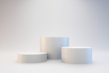 Poster - Modern podium or pedestal display with platform concept on white background. Blank shelf stand for showing product. 3D rendering.