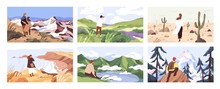 Travelers Enjoying Scenic View Flat Vector Illustrations Set. Young People On Adventure Cartoon Character. Searching For Goal, Opening New Horizons, Outdoor Rest Concept. Tourists Contemplating Nature