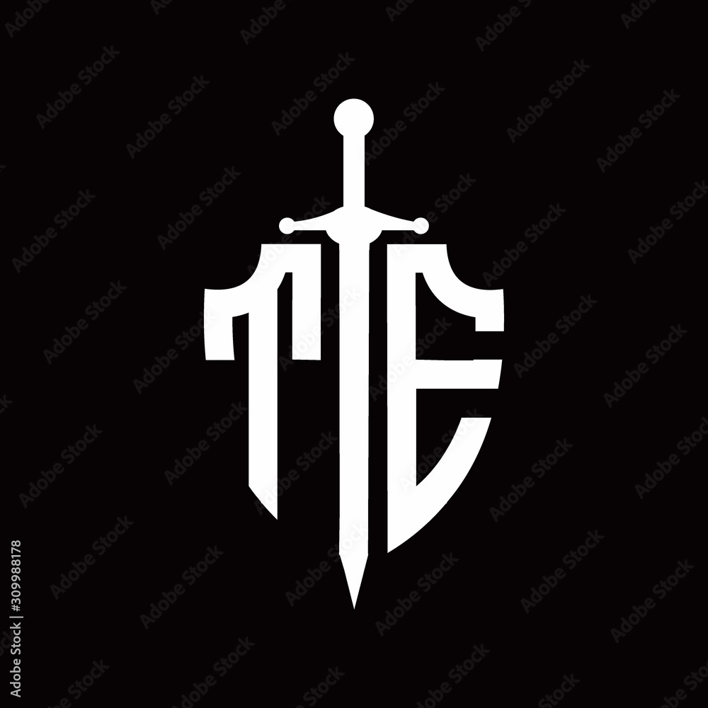 TE logo with shield shape and sword design template Stock Vector ...