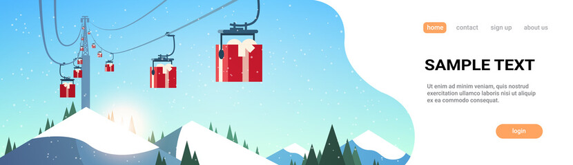 Wall Mural - ski resort with gift boxes cableway in mountains christmas new year holidays celebration winter vacation concept horizontal landscape background copy space flat vector illustration