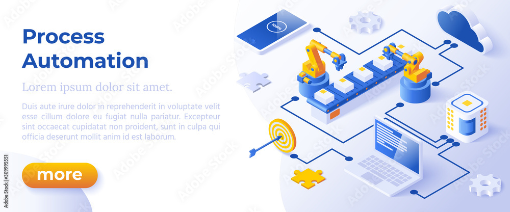 Process Automation - Isometric Concept in Trendy Colors. Innovation Technology Concept. Intelligent System Automation Segment Metaphor. AI Artificial Intelligence. Website Banner Layout Template. - obrazy, fototapety, plakaty 