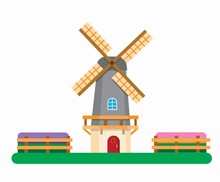 Dutch Windmill Between Tulip Fields, Holland Traditional Builiding For Agricultural Symbol In Flat Illustration Editable Vector 