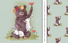 Cute Bear And Bunny With Flowers For Kids