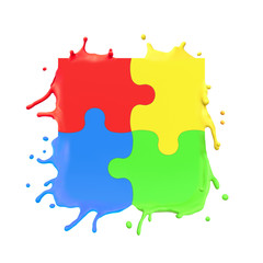 Fototapete - 3d rendering of colorful puzzle pieces splashing isolated on white background