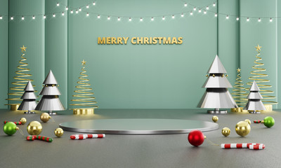 Poster - Abstract Luxury Merry Christmas stage mock up with Decoration, template for advertising product, 3d rendering.