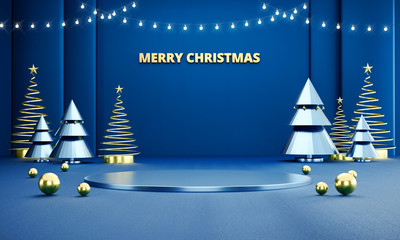 Poster - Abstract Luxury Blue Merry Christmas stage mock up with Decoration, template for advertising product, 3d rendering.