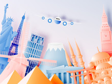 Various Travel Attractions In Paper Art Style